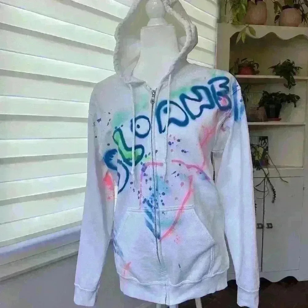 GILDAN - WHITE Zipper Graffitti Hoodie - Size Small
